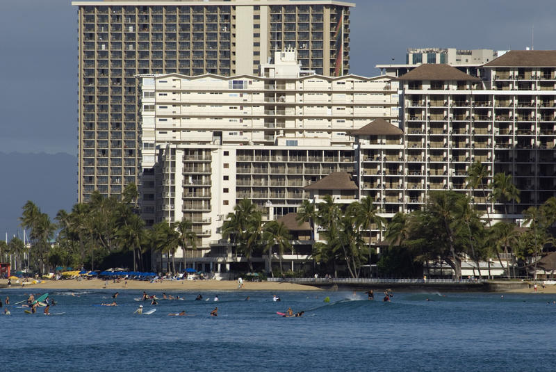 Resort hotel blocks looking across the water at waikiki beach, honolulu, hawaii