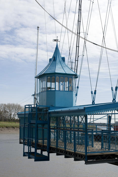 Gondola of the historic Newport Transporter Bridge which crosses the River Usk and is one of only eight remaining transporter bridges worldwide