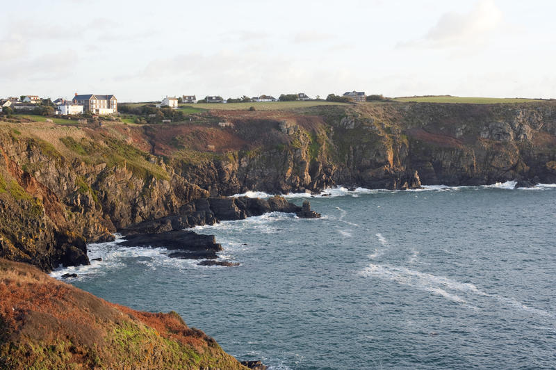 Housel Bay, Lizard Peninsula, Cornwall with its rugged rocky coastline and luxury hotel