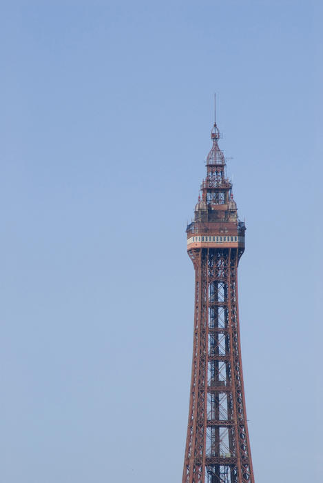 Historic Blackpool Tower seen on a sunny day against a clear blue sky, Blackpool, Fylde Coast, Lancashire, England