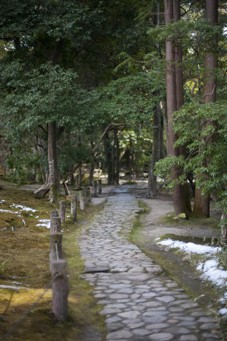 a stone footpath winding it's way around a historic japanese formal garden