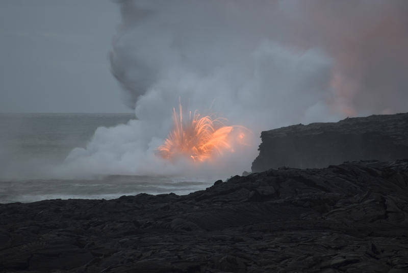 clouds of hot gasses and a lava erruption on hawaiiis big island, Hawaii, USA