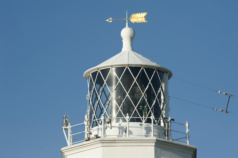 A closeup view of the lantern on the Lizard Lighthouse situated on Lizard Point, Cornwall the southernmost tip of the United Kingdom