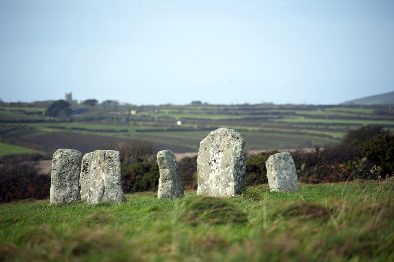 Merry Maidens stone circle near St Buryan, Cornwall is a complete neolithic circle of nineteen granite megaliths in a field