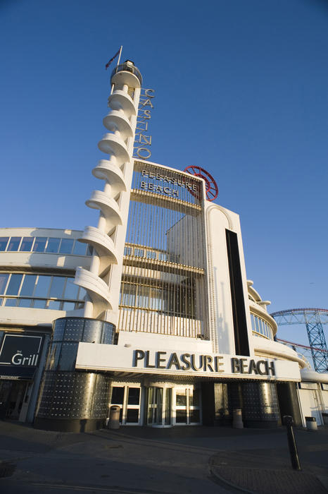 External facade of the Blackpool Pleasure Beach building with its unique spiral tower in Lancashire, England