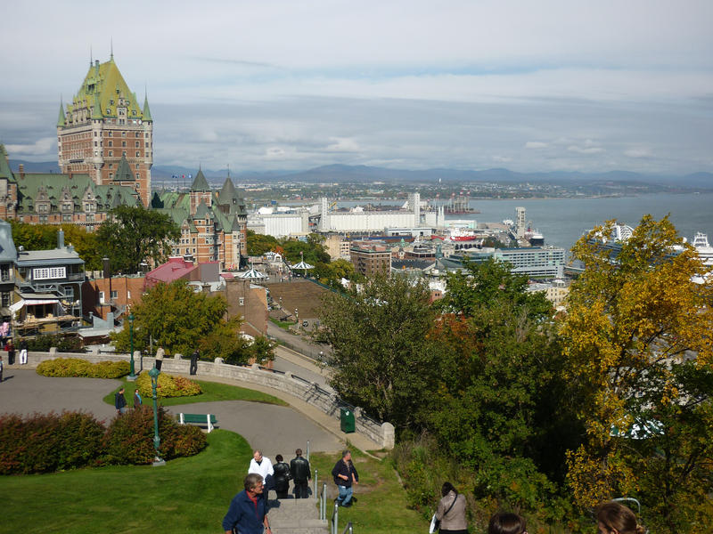 View of Quebec City, Canada with the coastline and harbour and the city dominated by Chateau Frontenac hotel