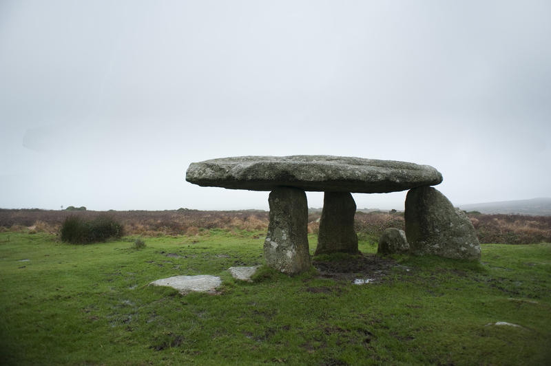 Dolmen or portal tomb, Lanyon Quoit, Morvah, Cornwall is thought to be a burial chamber or mausoleum and has a massive capstone measuring 17,5 feet in length