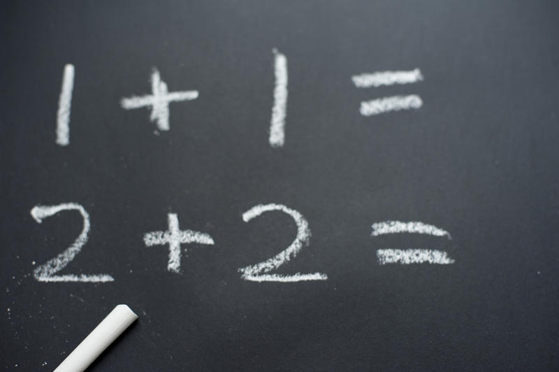 Basic sums handwritten in chalk on a blackboard for teaching preschool or kindergarten children mathematics