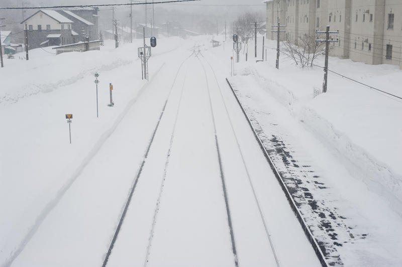 snow covered railway lines in winter Hokkaido, Japan