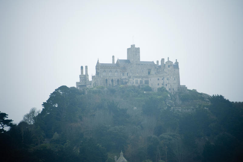 the castle on top of st michaels mount tidal island, cornwall,