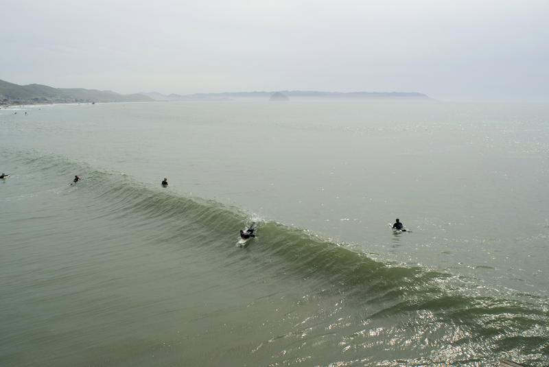 surfers braving the winter pacific waters at Cayucos, California