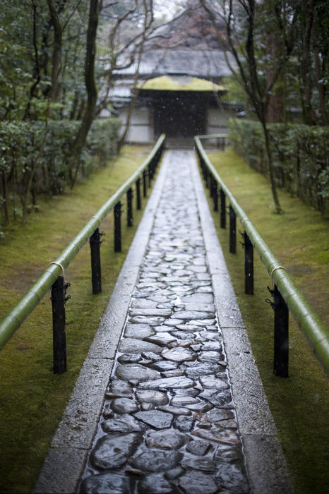 water glistening on a crazy paved path at a kyoto temple