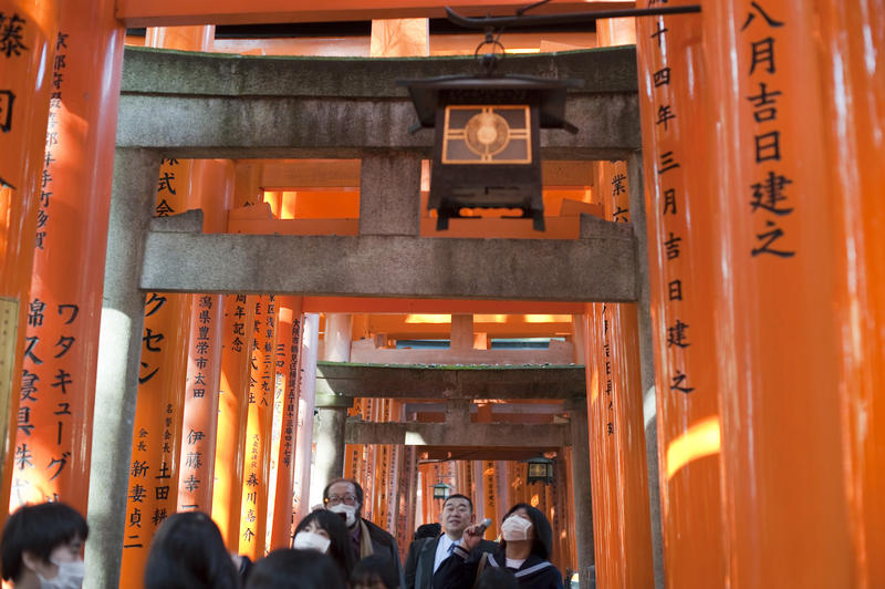 people walking through the tunnel of torri gates at the Fushimi Inari-taisha shrine