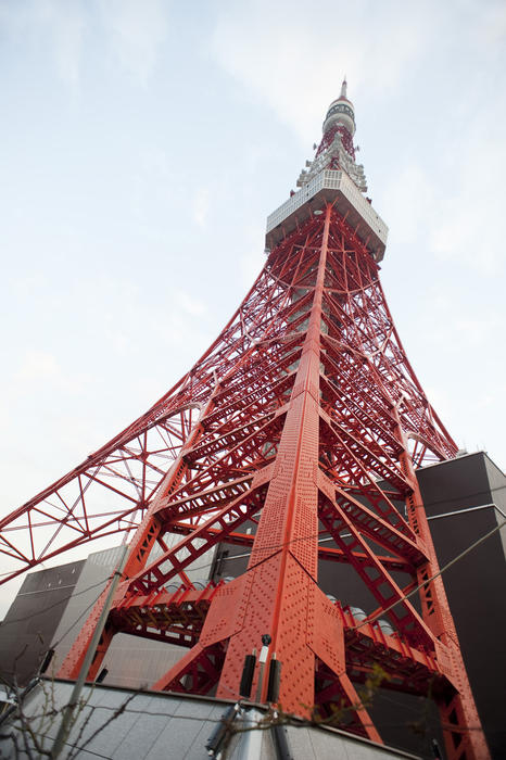 looking up from the base of the tokyo tv tower, the tower is 13 meteres taller than the eiffel tower.