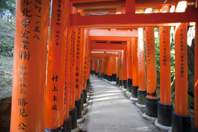 thousands of red painted torii line the walkways up funari hill, near the Fushimi Inari-taisha a shrine in kyoto, Japan