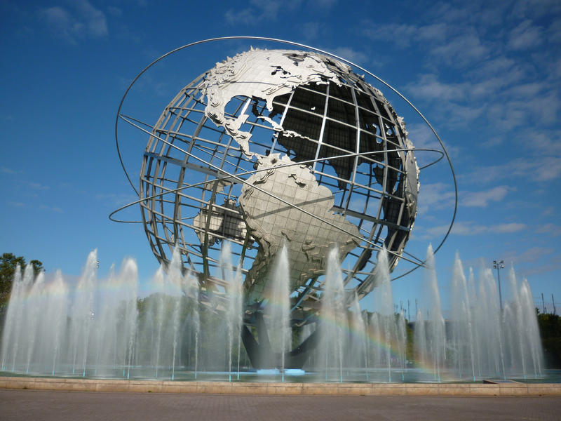 View of the huge iconic stainless steel Unisphere sculpture in Flushing Meadows, New York, which represents the Earth