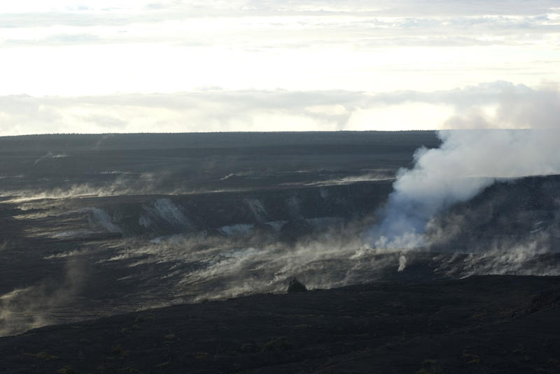 smoke and volcanic gasses rising from the kilauea caldera, big island hawaii