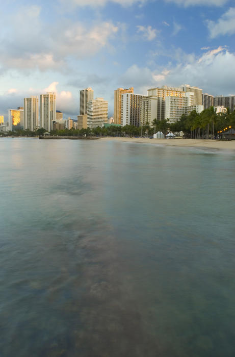 early morning view of waikiki beach honolulu, hawaii, space for text