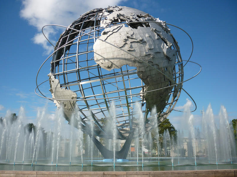 Unisphere, New York Woelds Fair, a huge stainles steel sculpture depicting the Earth with fountains in the foreground