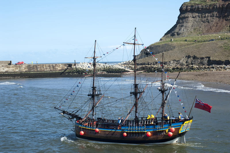 A full sized scale model of the Bark Endeavour modeled after Captain Cooks ship which now caters to tourists sailing along the North Yorkshire coast