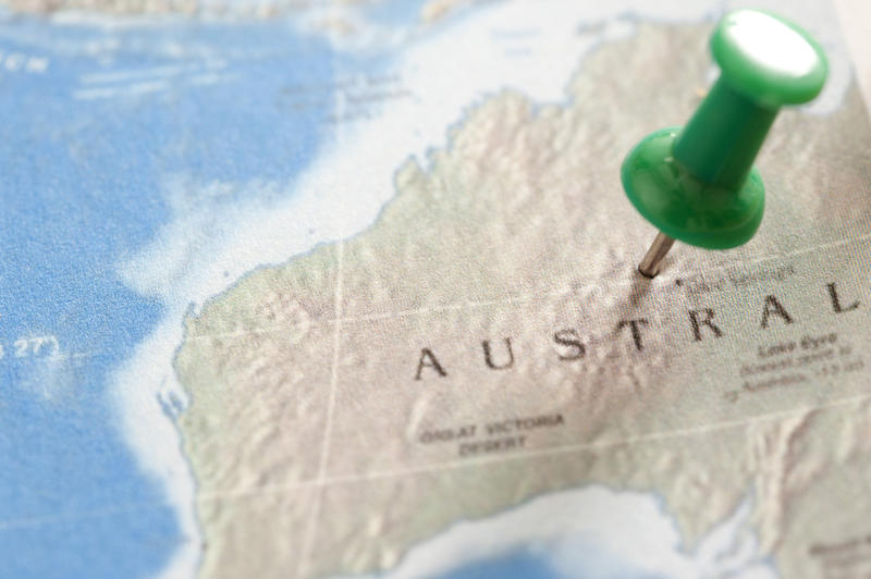 Australia Destination Concept - Close up Green Pin Pinned on Australian Map