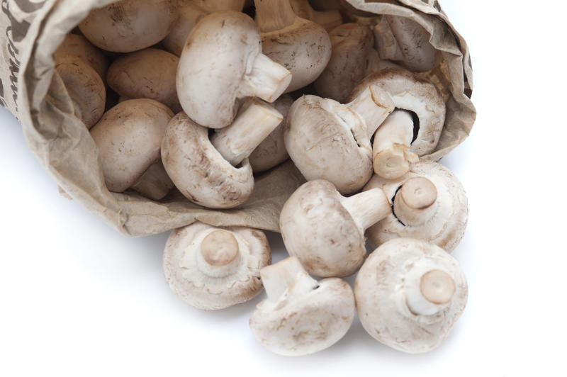 Close up Healthy Fresh Uncooked Mushrooms from a Brown Paper Bag Isolated on White Background.