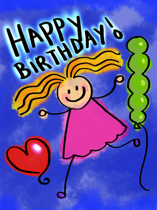 <p>Digitally painted cartoon illustration of a happy birthday girl.</p>
