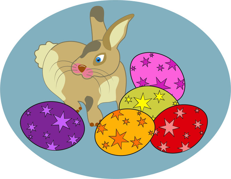 <p>Easter bunny and eggs clip art illustration.</p>
