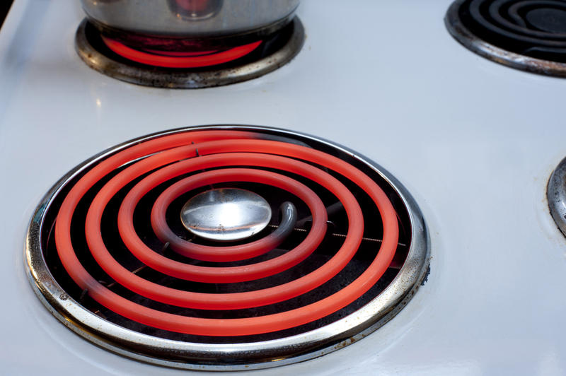 Glowing red hot hotplate on top of a domestic stove or electric hob ready for cooking the meal