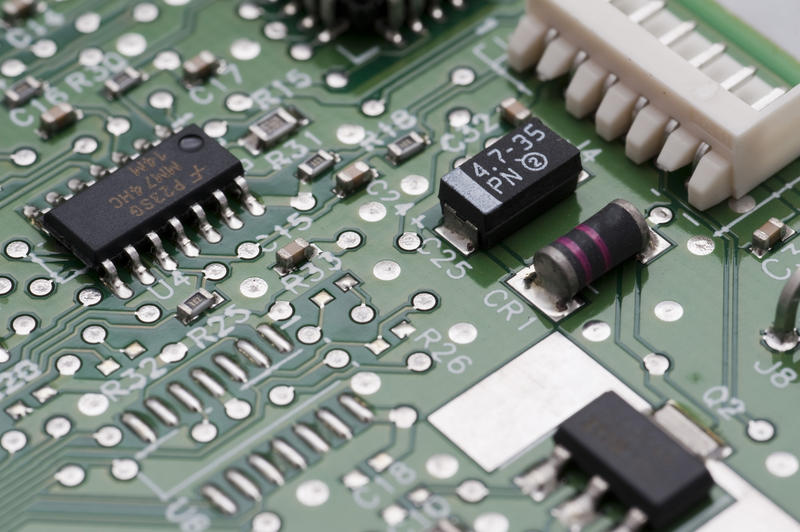 macro image of surface mound soldered electronic components on a printed circuit board