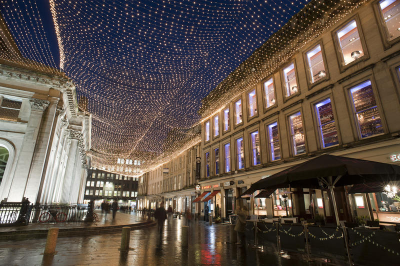 royal exchange square and goma pictured at night, glasgow, scotland