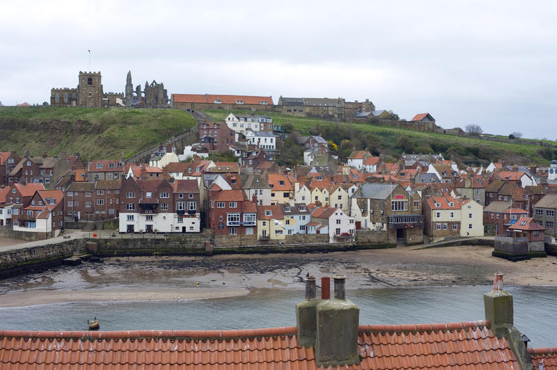 Iconic view of Whitby looking across the harbour to the waterfront overlooked by Tate Hill , St Marys Church and the ruins of Whitby Abbey