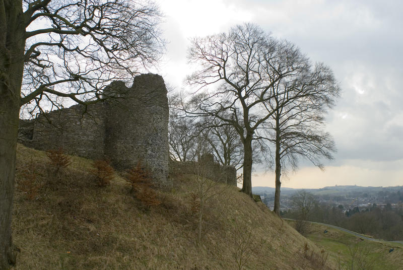 Ruins of Kendal Castle with the elevated fortified remains of the medieval keep and tower in Cumbria