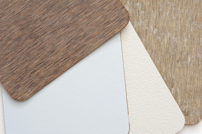 Veneer samples of various wood and finishes for interior decorating and renovation in the home