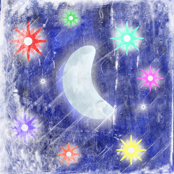 <p>Textured grunge moon and stars night painting.</p>
