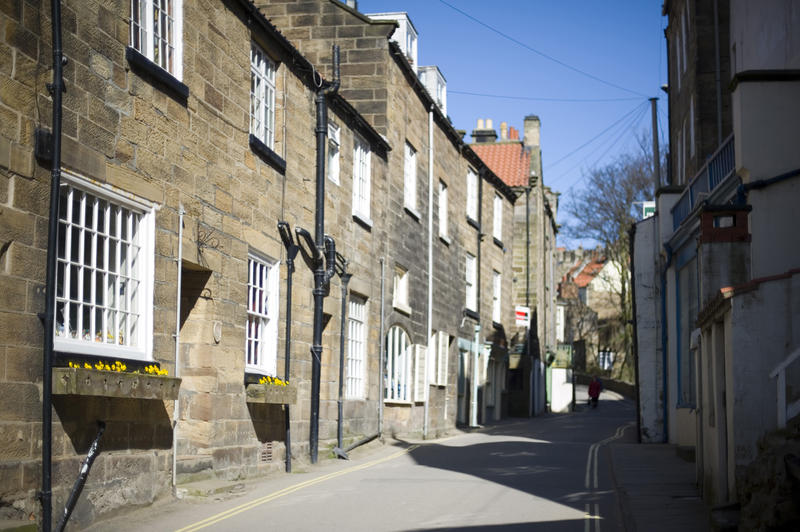 Street in Robin Hoods Bay, a small fishing village and a bay located within the North York Moors National Park,