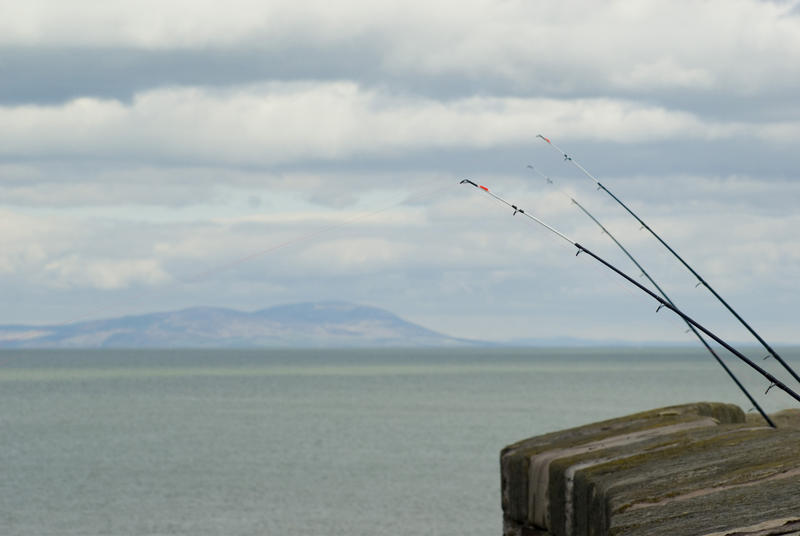 Fishing off the pier at Whitehaven with several fishing rods protruding above the stonework against an ocean backdrop