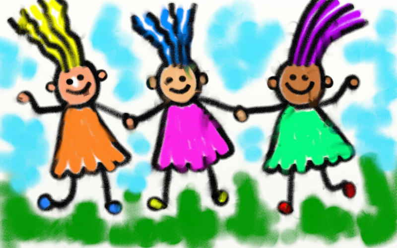 <p>Cartoon smudgy chalk drawing of little stick children holding hands.</p>
