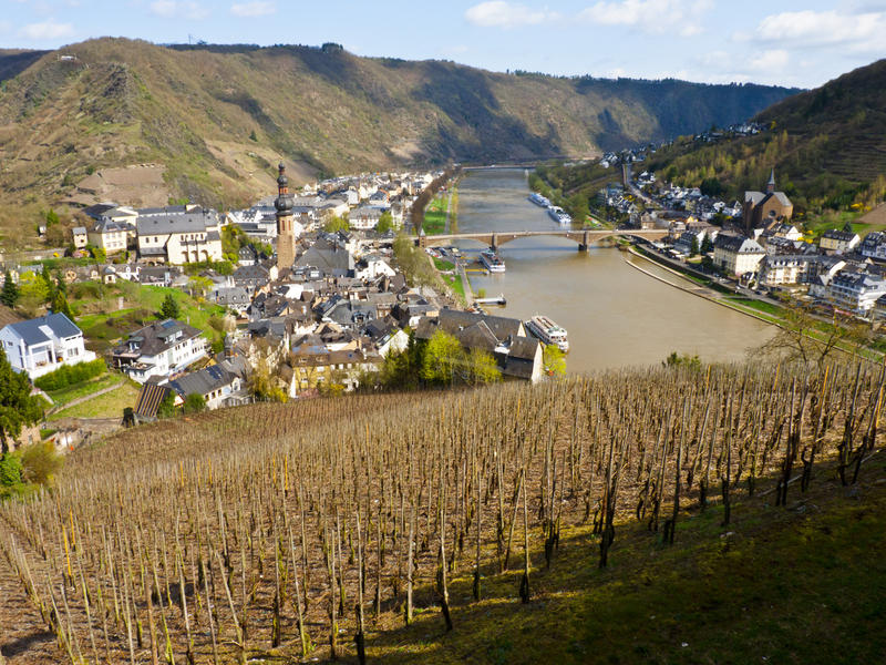 <p>Steep-Slopes-of the-Mosel.jpg&nbsp;</p>A vineyard on the very steep slopes of the Mosel valley with small town of Cochem below on the banks of the river.