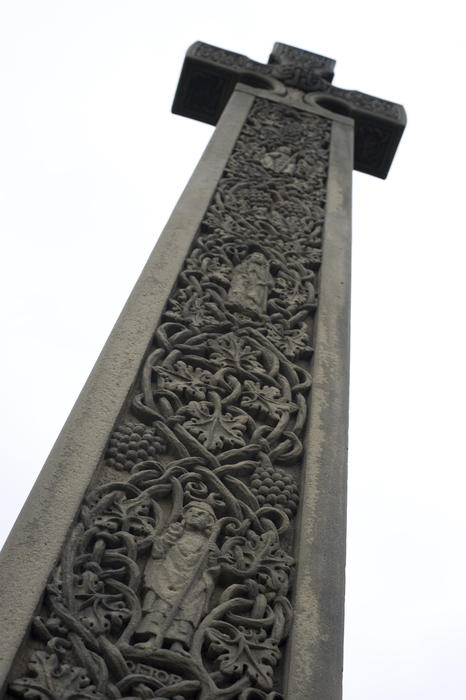 Close-up view of Caedmon's Cross at Whitby Abbey