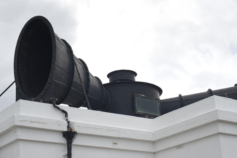 Closeup of a large foghorn at Whitby lighthouse for warning ships of navigational hazards in fog when the beam from the lighthouse lantern cannot be seen