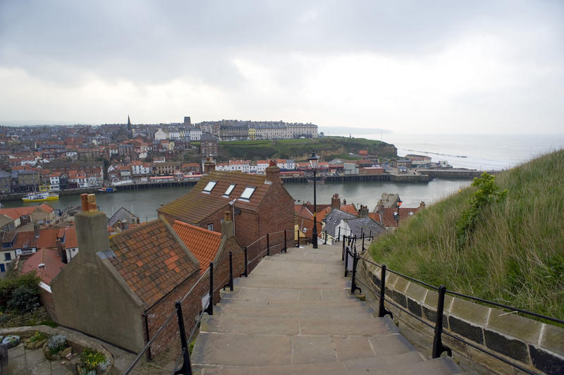 View of Whitby Harbour from the stairs leading to church