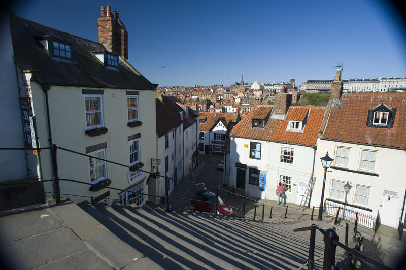 Bottom of the 199 Church stairs or steps in Whitby which lead from Church Street in the town to St Marys Church on Tate Hill