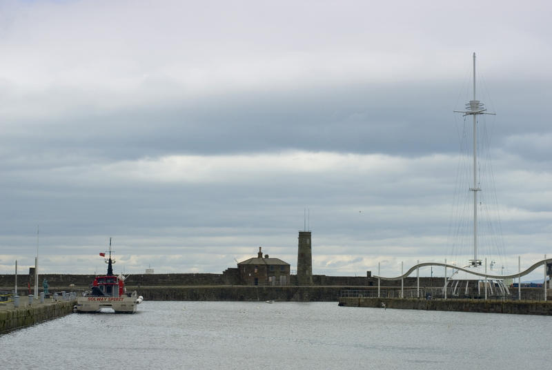 View of Whitehaven harbour, Cumbria, England with ships moored at the wharf