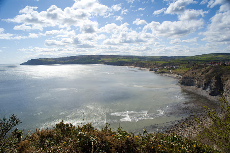 Panoramic view of Robin Hoods Bay on the Yorkshire coast with its quaint little fishing village
