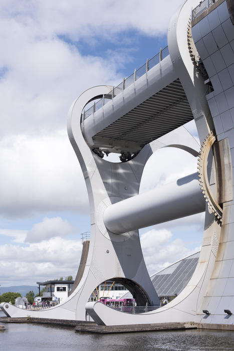 Close Up of the Falkirk Wheel, a Unique Rotating Boat Lift Connecting the Forth and Clyde Canal with the Union Canal, near Falkirk, Scotland on Sunny Day