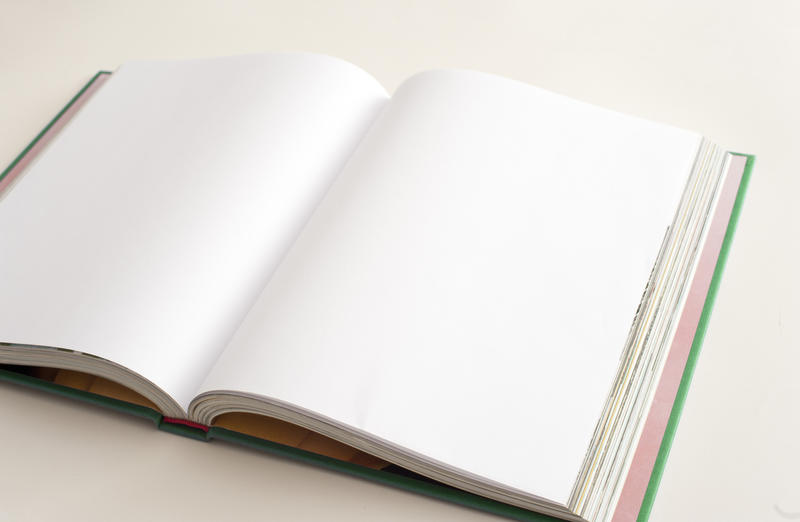 Open blank book with plain white pages and copy space on a double spread in a high angle view