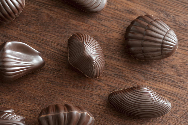 Delicious seashell shaped chocolate truffles snacks spread out evenly over dark wooden table