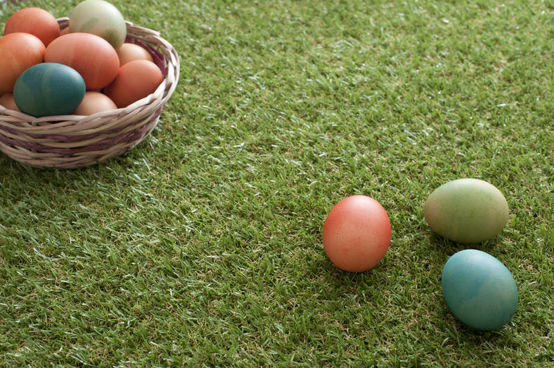 Wicker basket with colorful dyed Easter eggs with several eggs laying on green grass loan. Copy space