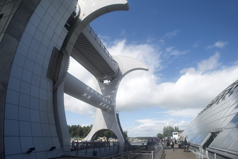 Wide angle view of elegantly designed engineering maritime landmark known as the Falkirk Wheel in raised position